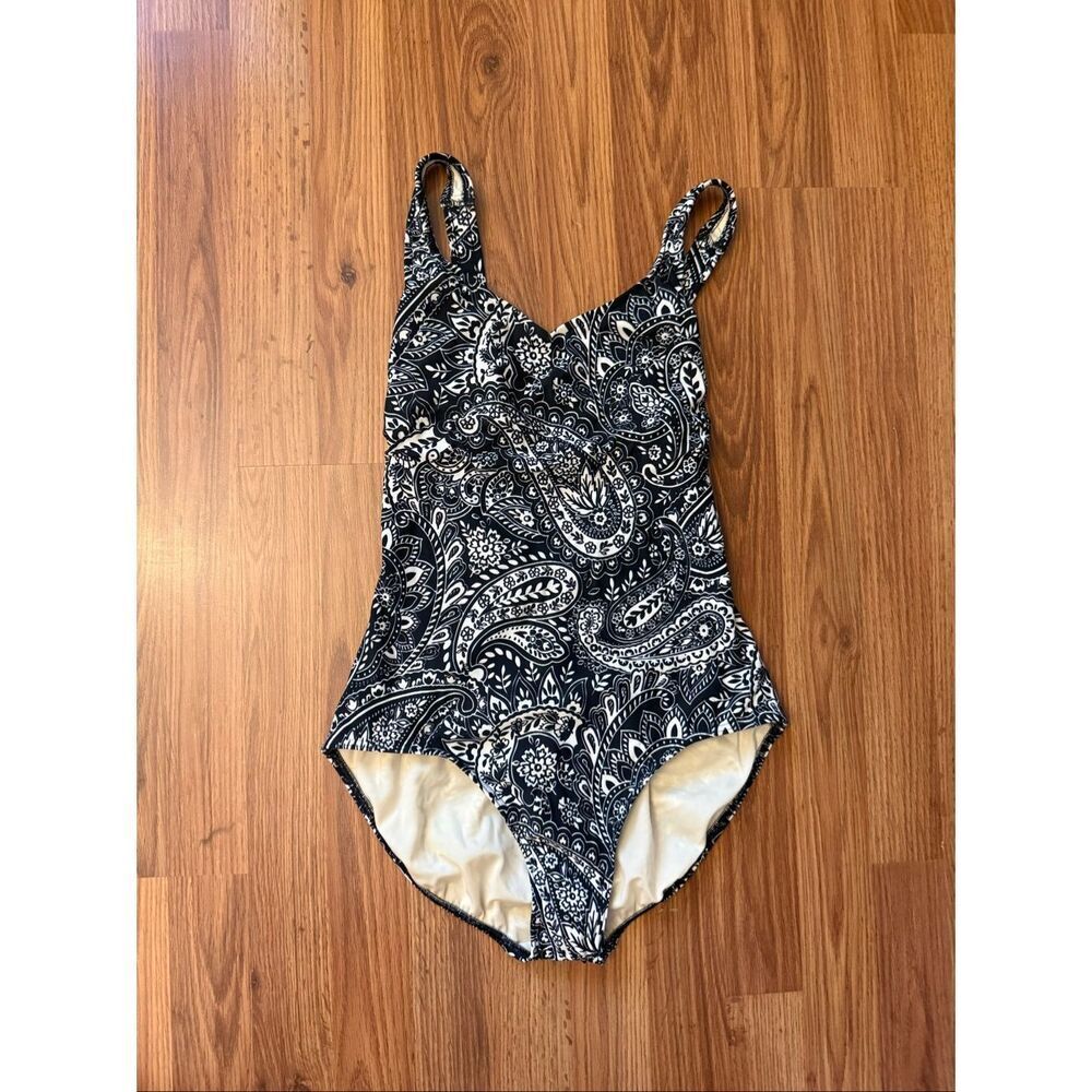 Lands' End Women's Paisley V-Neck One-Piece Swimsuit Black White Size 12 NWOT